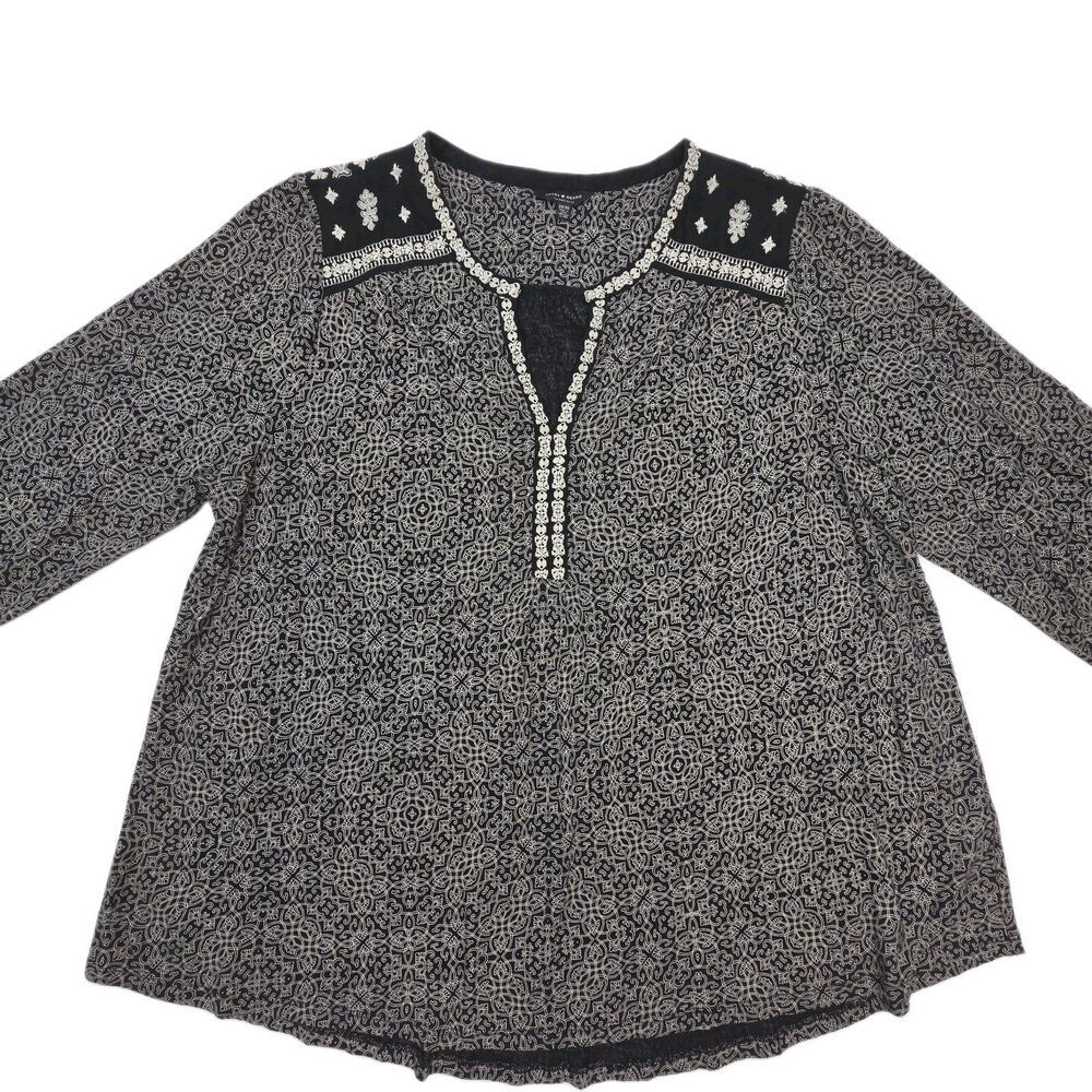 Lucky Brand Shirt Black White V-Neck Women Sz 3X Knit 3/4 Sleeve Blouse Boho